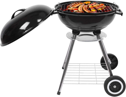 18“ Charcoal Grill with Wheels for Outdoor Cooking Barbecue Camping BBQ Coal Kettle Grill Tailgating Portable Heavy Duty round with Thickened Grilling Bowl Wheels, Black