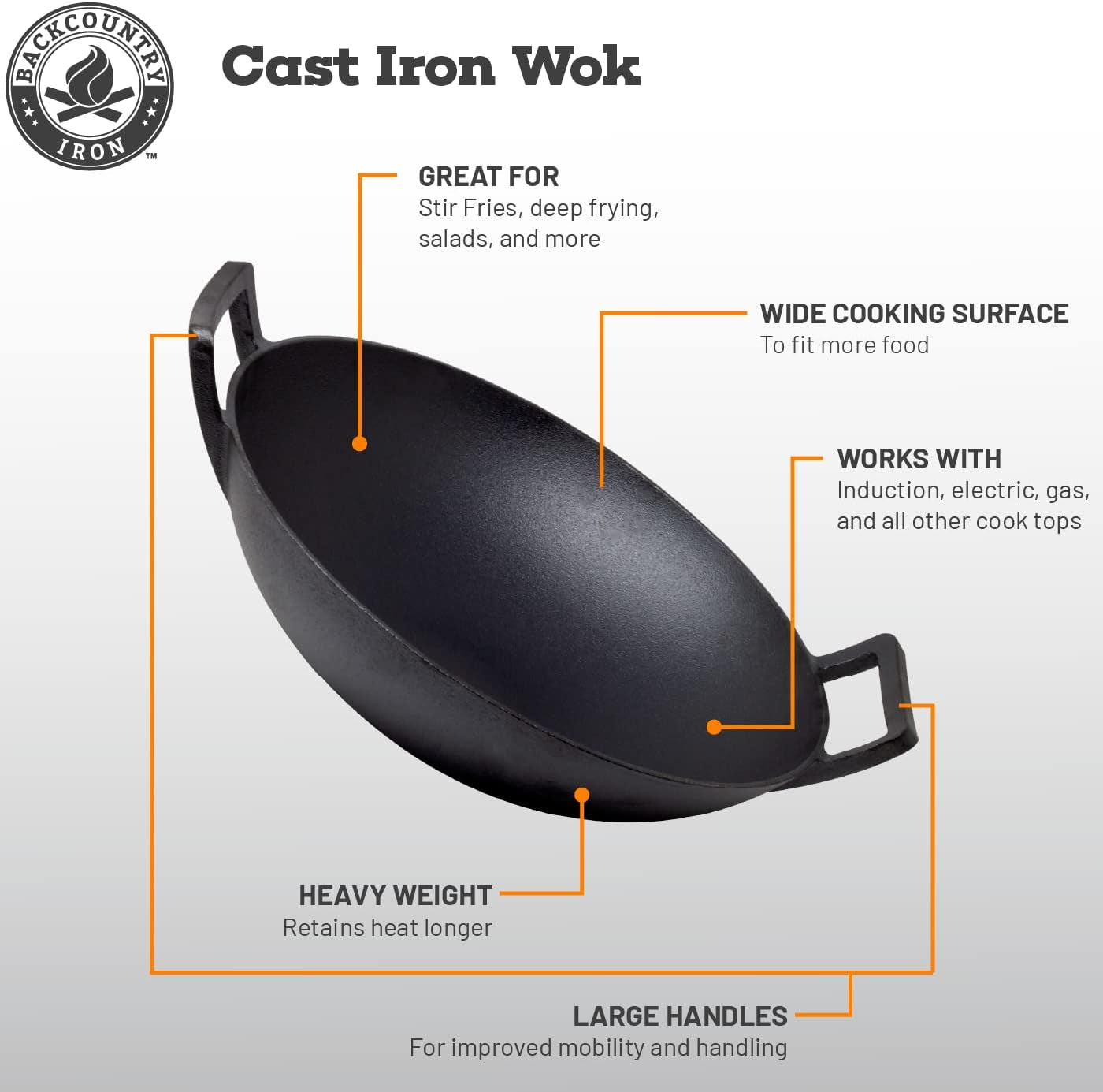 Backcountry Iron 14 Inch Cast Iron Wok with Flat Base and Handles