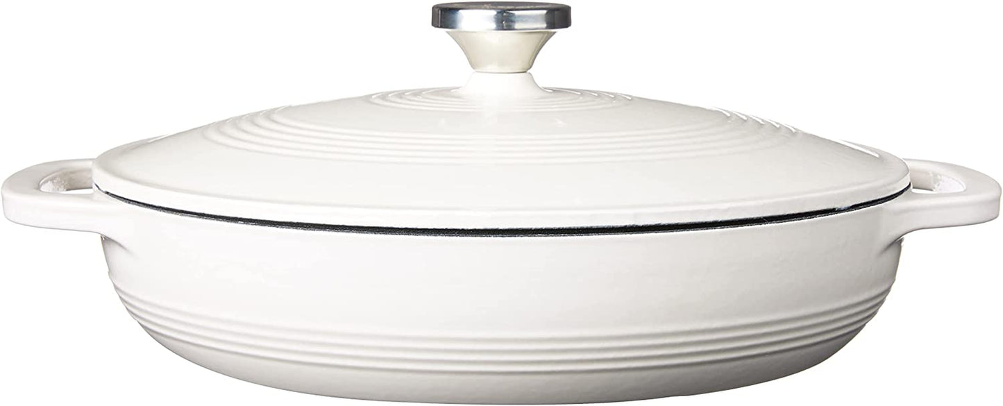 Lodge 3.6 Quart Enameled Cast Iron Oval Casserole with Lid– Dual Handles – Oven Safe up to 500° F or on Stovetop - Use to Marinate, Cook, Bake, Refrigerate and Serve – Oyster White