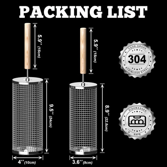 Rolling Grill Basket(2Pcs), Removable Wooden Handle, 304 Stainless Steel, Nesting Grilling Net, BBQ Accessories Tool for Vegetable Shrimp, Outdoor Cooking Camping, Birthday Gifts for Men Dad Husband