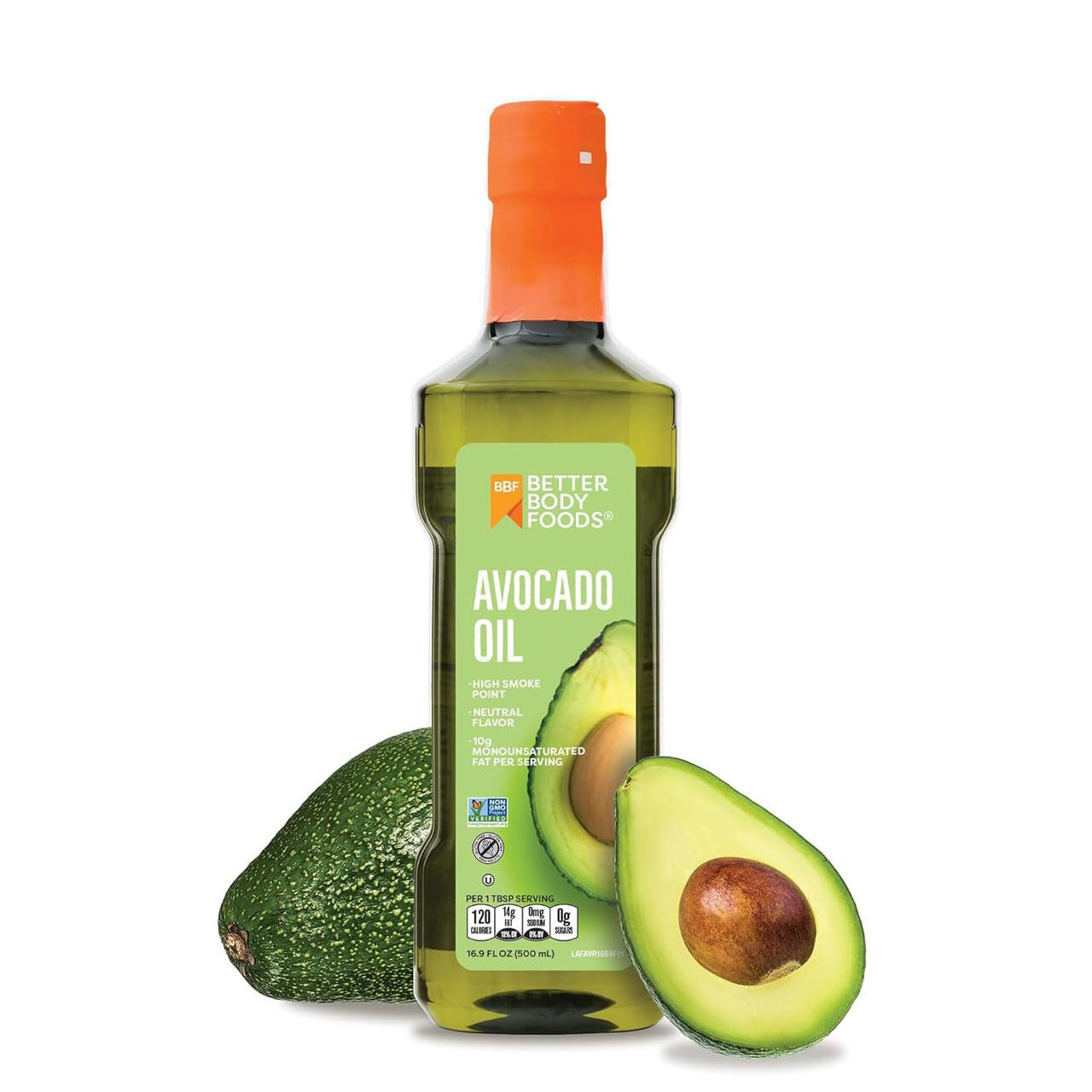 Betterbody Foods Refined Avocado Oil, Non-Gmo Cooking Oil, Kosher, Keto and Paleo Diet Friendly, for High-Heat Cooking, Frying, Baking, Avocado Oil, 500 Ml, 16.9 Fl Oz