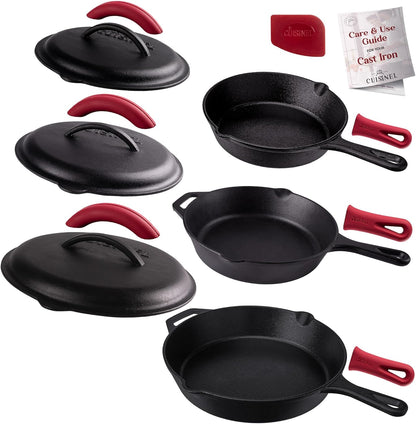 Cuisinel Cast Iron Skillets Set with Lids - 8"+10"+12"-Inch Pre-Seasoned Covered Frying Pan Set + Silicone Handle and Lid Holders + Scraper/Cleaner - Use Cookware Indoor/Outdoor, Oven, Stovetop, Fire