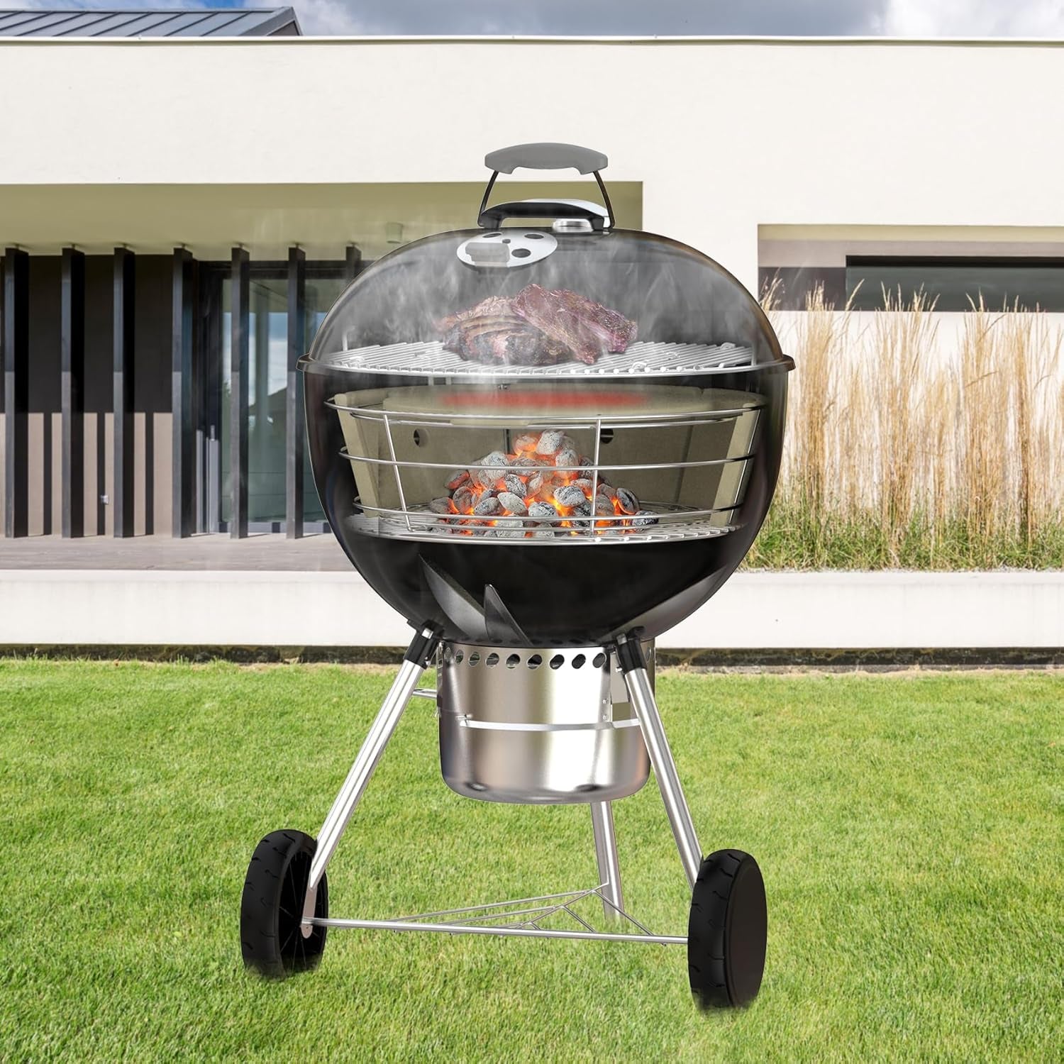 Charkettle Charcoal Firebox Kit, Ceramic Basket with Heat Deflector Compatible with Weber 22-Inch Kettle Charcoal Grills