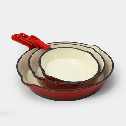 Excelsteel 3 Pc Cast Iron Skillet Set W/Red Enamel Coating, Perfect for Home Stovetop and Delicious Outdoor Cooking Skillet Set