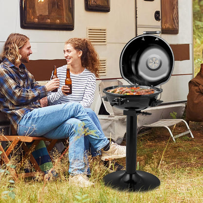 COSTWAY Electric BBQ Grill, Portable Grill with Metal Cooking Grilling Rack, Detachable Temperature Control & Removable Grease Collector, Outdoor Freestanding Grill for Camping &Tailgating (Black)