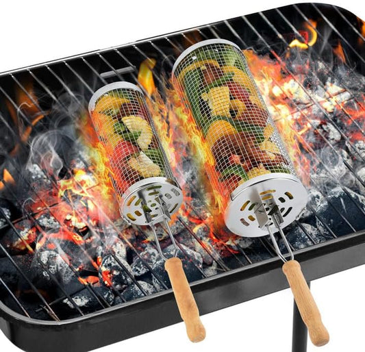 Rolling Grill Baskets for Outdoor,2 PCS BBQ Grilling Basket with Removable Wooden Handle, 5" and 3"Diameter 304 Stainless Steel BBQ Net for Vegetables Seafood Meat, Camping Birthday Gifts for Men Dad Husband