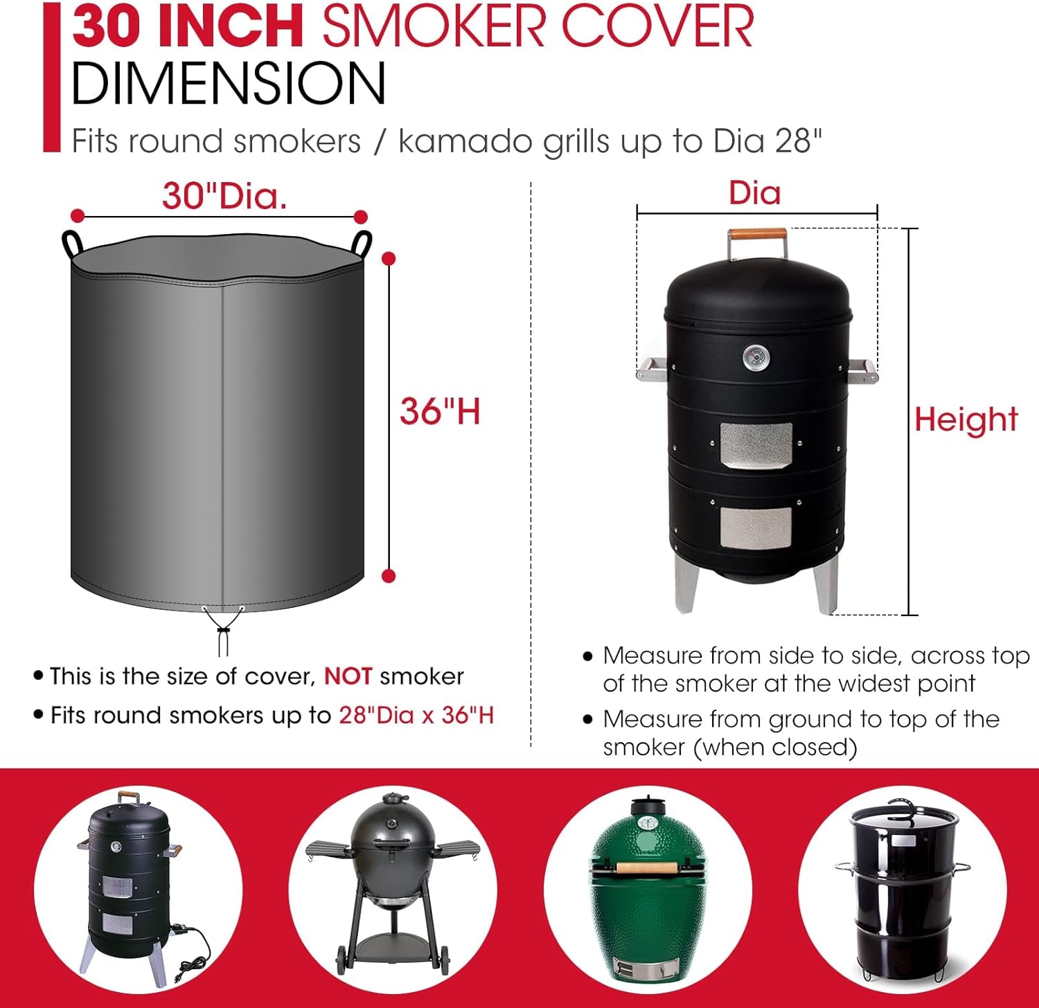 Unicook round Smoker Cover 30 Inch for Charcoal Kettle Grills, BBQ Grill Cover, Waterproof Vinyl Exterior with Polyester Lining, Compatible with Pit Barrel Cooker, Char-Griller and Akorn Kamado Etc.