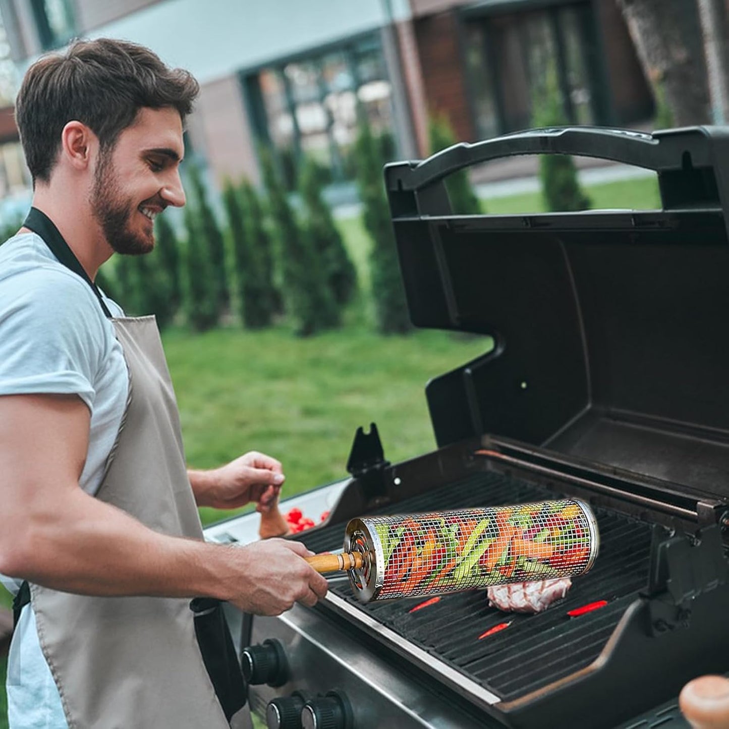 2 PCS Nesting Grill Baskets Rolling Grilling Baskets, Removable Wooden Handle, Stainless Steel Grill Accessories Set, Portable Grill Vegetables, Fish, Shrimp, Meat, Fries for Men Dad Husband