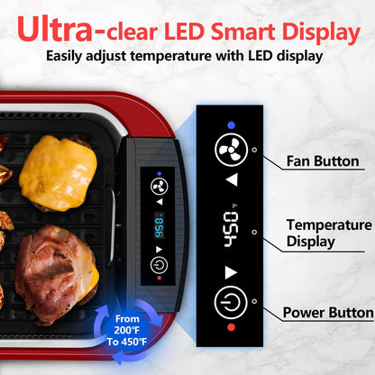 Indoor Grill, CUSIMAX Smokeless Grill Indoor, Electric Grill Griddle, 1500W Korean BBQ Grill with LED Smart Display & Tempered Glass Lid, Non-Stick Removable Grill Plate & Griddle Plate, Red