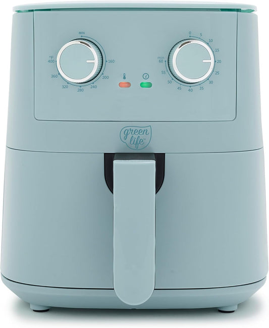 Greenlife 4.5QT Mechanical Air Fryer, Pfas-Free Ceramic Nonstick Crisper Drawer, Adjustable Temperature Timer Dial, LED Indicator, Holiday Gifting, Dishwasher Safe, Kitchen Essential, Blue Haze