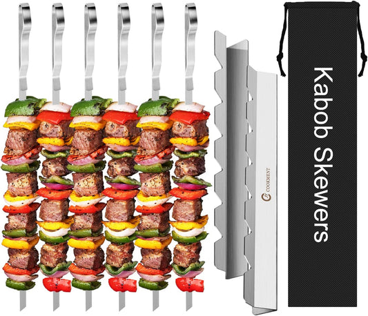 Kabob Skewers Stainless Steel Long BBQ Barbecue Skewers, Flat Metal Kebob Sticks Wide Reusable Grilling Skewers for Meat Chicken,Set of 9 Including 2 Barbeecue Rack with Storage Bag