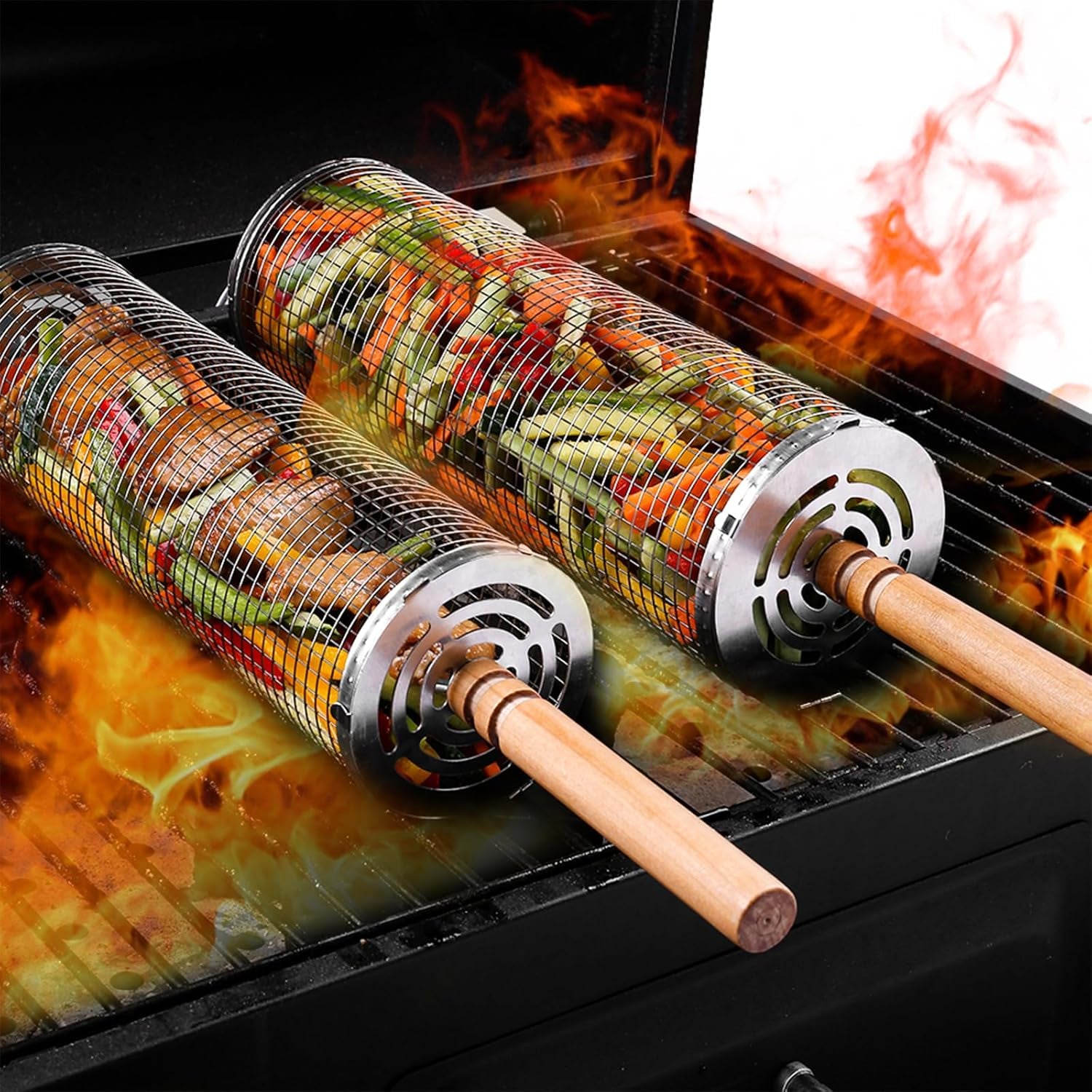 2 PCS Nesting Grill Baskets Rolling Grilling Baskets, Removable Wooden Handle, Stainless Steel Grill Accessories Set, Portable Grill Vegetables, Fish, Shrimp, Meat, Fries for Men Dad Husband