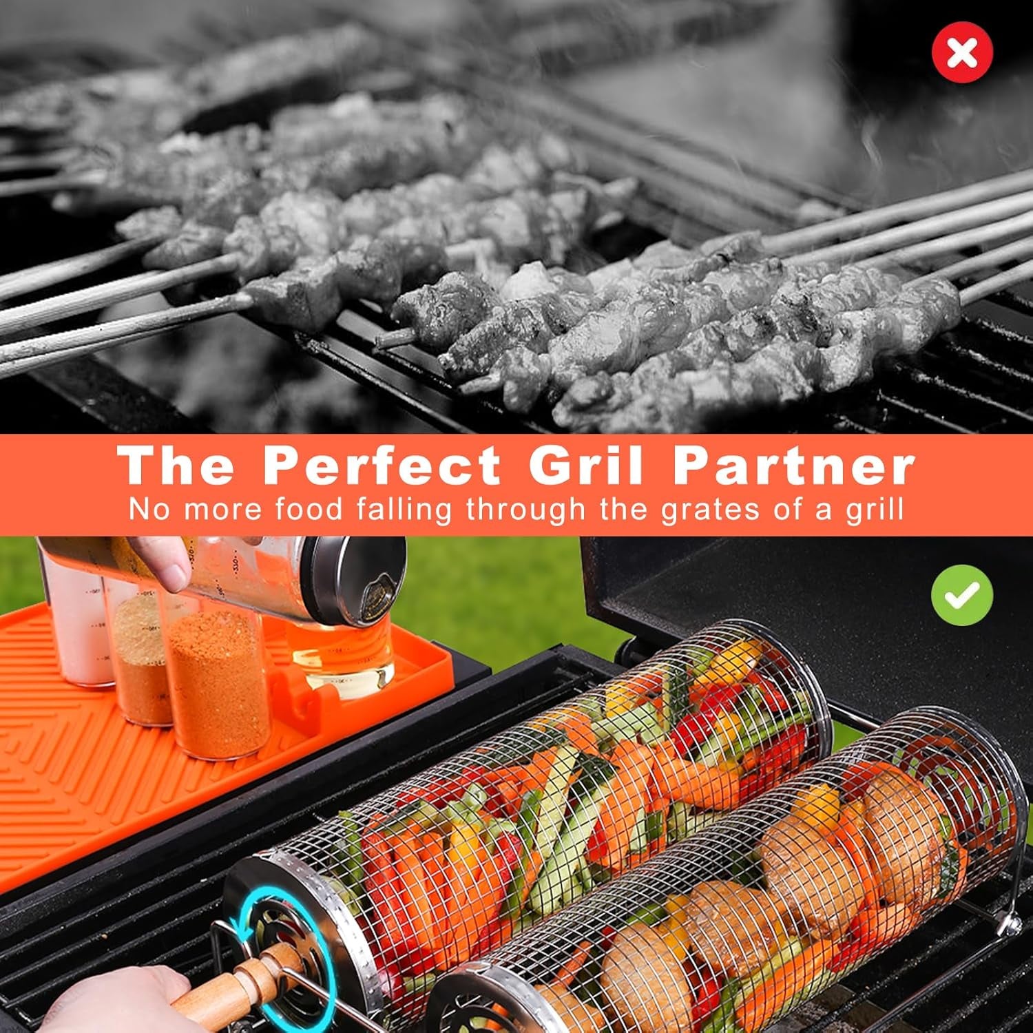 2 PCS Nesting Grill Baskets Rolling Grilling Baskets, Removable Wooden Handle, Stainless Steel Grill Accessories Set, Portable Grill Vegetables, Fish, Shrimp, Meat, Fries for Men Dad Husband