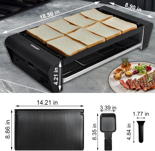 TAMARIT Raclette Table Grill for 8, 2 in 1 Raclette Grill Small Swiss Style Raclette Pfas-No Nonstick Reversible Grill/Griddle Plate Adjustable Temperature Control 1300 W, 8 Raclette Cheese Pans Black
