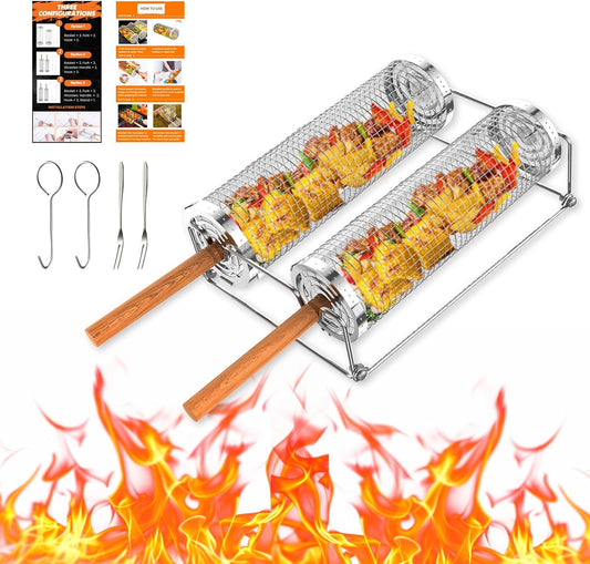Grill Baskets for Outdoor Grill, Rolling Grill Basket with Removable Wooden Handle & Stand, Stainless Steel Grilling Accessories for Fish, Shrimp, Meat, Vegetables, Fries, Grilling Gifts for Men