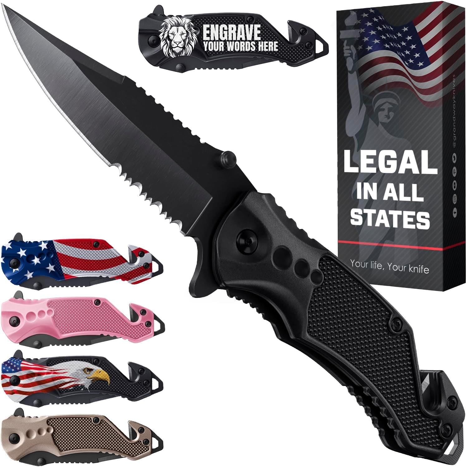 Legal Pocket Knife with 2.95” Serrated Blade, Glass Breaker, Seat Belt Cutter - EDC Sharp Folding Knives with Portable Clip - Small Tool for Tactical Camping Survival Hiking - Gifts for Men, Women