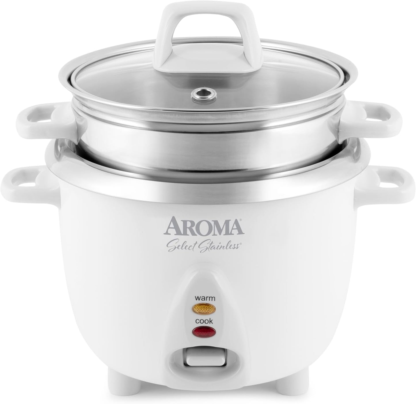 Aroma Housewares 6-Cup (Cooked Yield ) / 1.2Qt. Select Stainless Pot-Style Rice Cooker, & Food Steamer, One-Touch Operation, White