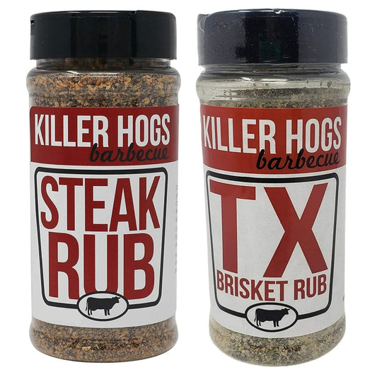 Killer Hogs Barbecue Rub Variety Pack - Steak Rub and Texas Brisket BBQ Rub - Pack of 2 Bottles - 32 Oz by Volume Total - 22 Oz by Weight Total - Championship BBQ and Grill Seasoning