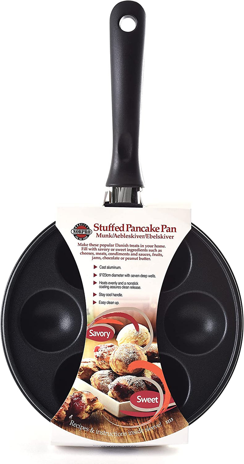 Norpro Nonstick Stuffed Pancake Pan, Munk/Aebleskiver/Ebelskiver 16.5″ X 9″ X 1.25″ Black