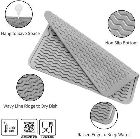 Image of Silicone Dish Drying Mat for Multiple Usage,Easy Clean,Eco-Friendly,Heat-Resistant Silicone Mat for Kitchen Counter or Sink,Refrigerator or Drawer Liner Grey L 16 Inches X 12 Inches