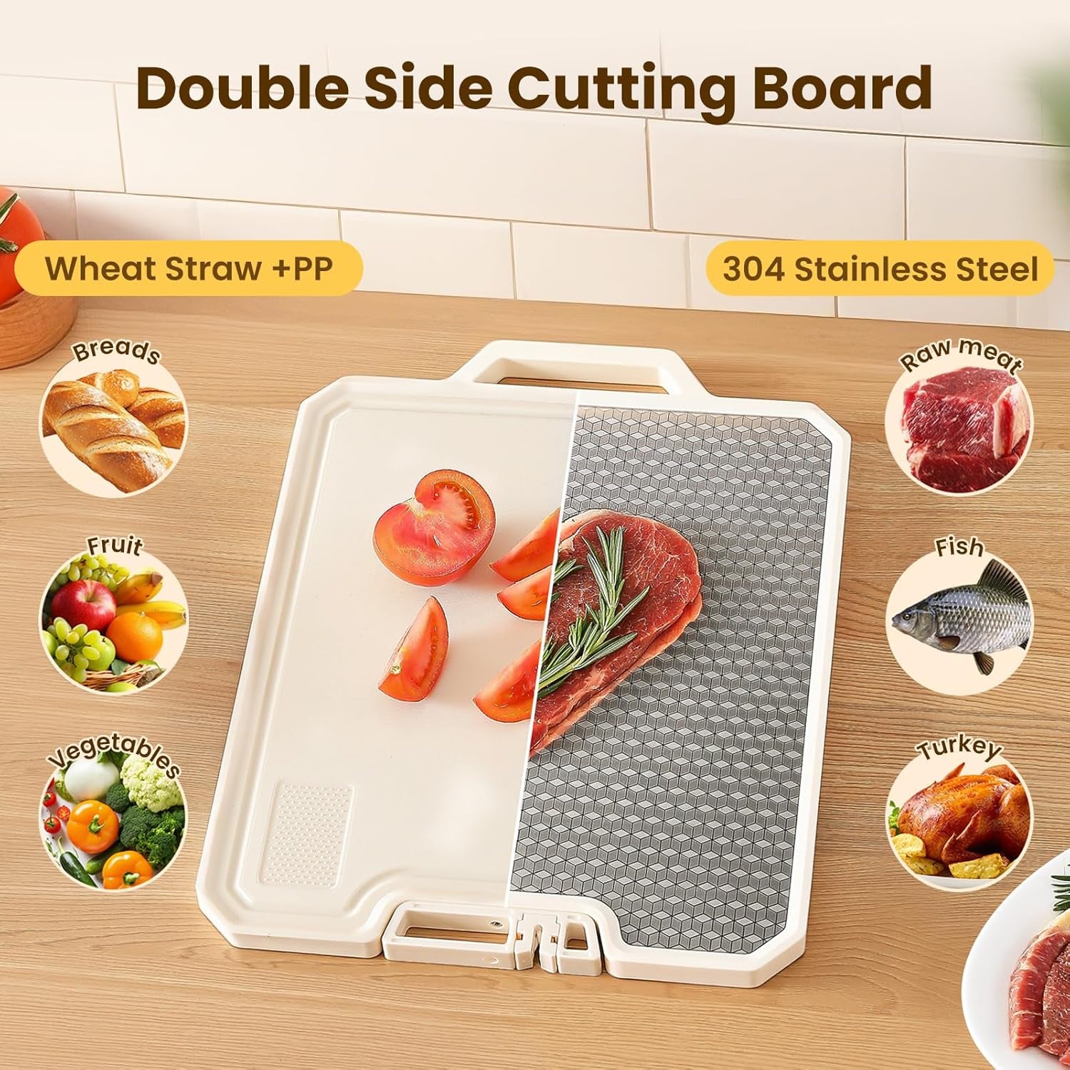 Double Sided Cutting Boards for Kitchen-16X 12 Inch 304 Stainless Steel & Wheat Straw PP Cutting Board for Meat/Vegetable-Non Slip,Dishwasher Safe and Scratch Resistant Chopping Board Beige