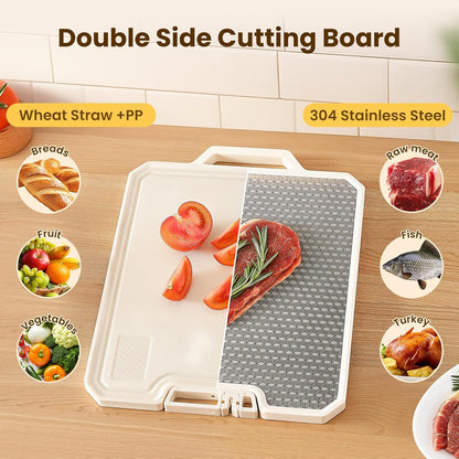 Double Sided Cutting Boards for Kitchen-16X 12 Inch 304 Stainless Steel & Wheat Straw PP Cutting Board for Meat/Vegetable-Non Slip,Dishwasher Safe and Scratch Resistant Chopping Board Beige