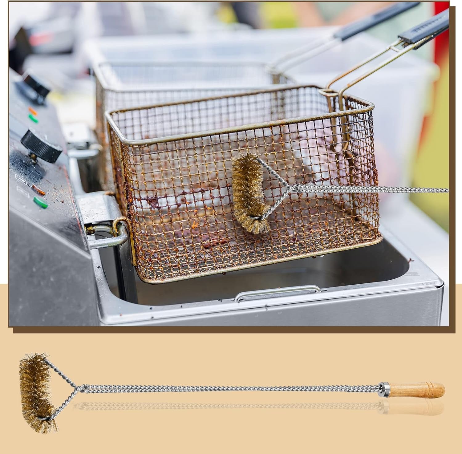 Nuenen 3 Pieces Fryer Cleaning Tools Including L Shaped Fryer Cleaning Brush, Deep Cleanout Rod and Long Handle Basket Brush, Good to 750F for Restaurant Accessories