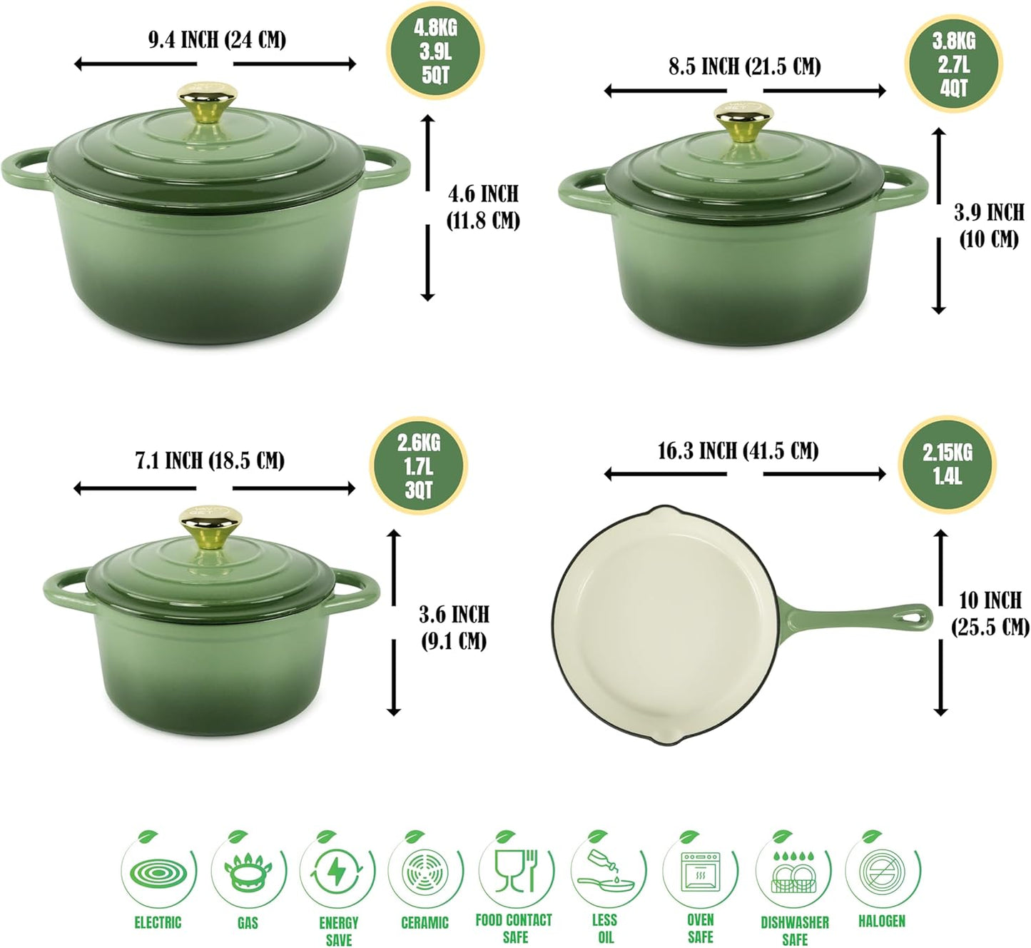 Healthy and Safe, Non-Stick Enameled 7-PCS SET of Cast Iron Dutch Oven Cookwares. Set Includes: 24Cm Dutch Oven Fry Pan, 18Cm, 21Cm, 24Cm Dutch Oven Cookwares with Lids, Gloves and Mills.