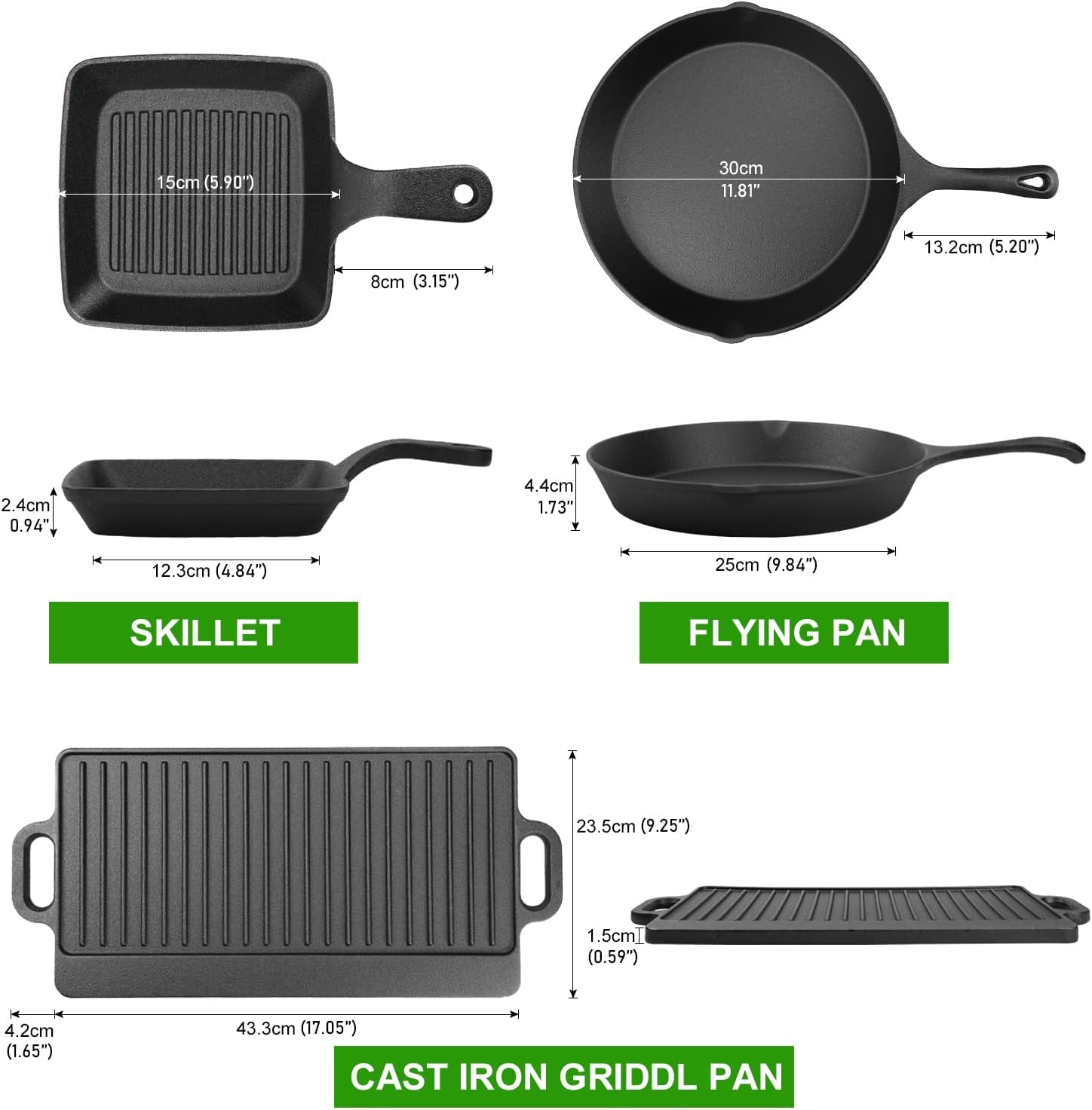 8 Piece Cast Iron Pots and Pans Set Cast Iron Skillets Bakeware and Square Grill Pan Camping Kitchen Cookware