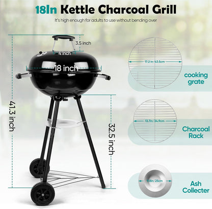 Hasteel 18 Inch Charcoal Grill, Black Kettle Outdoor Barbecue Grill, 2-In-1 Portable BBQ Grill with Wheels for Camping Backyard Patio Picnic, Porcelain-Enameled Lid & Fire Bowl, 254.SQ.IN Cooking Area