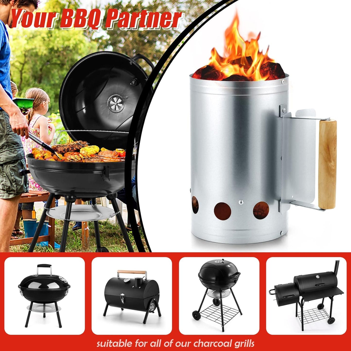 Hasteel Charcoal Chimney, 10.6X6.7 Inch Heavy Duty BBQ Chimney Starter for Outdoor Grilling Barbecue Camping, Quick Rapid Fir Briquette Coal, Heat Resistant Wooden Handle & Screwdriver