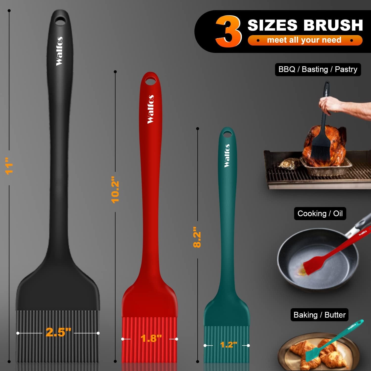 Walfos 3 Size Basting Brush (Extra Large, Large and Small), Silicone Pastry Brushes for Barbecue, Baking, Desserts, Cooking Brush for Kitchen - Strong Stainless Steel Core
