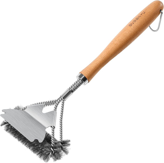 Grill Brush for Outdoor Grill, 15.3'' BBQ Grill Scraper Cleaning Brush for Outdoor Grill, Safe Stainless Steel Grill Cleaner Scrubber with Scraper, Beech Wood Handle, 1Pack