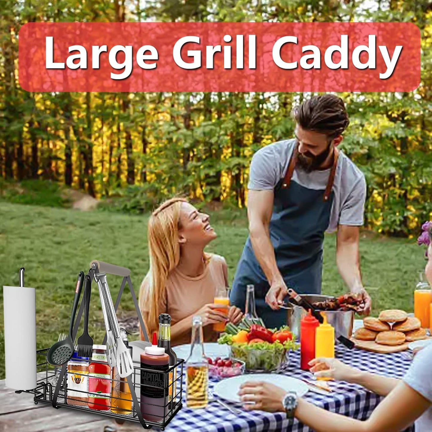 Picnic Caddy and Grill Utensil Caddy,Condiment Caddy, Grill-Caddy,Adjustable Compartment Storage,With 3 Hooks,Sturdy Thick,Easy Carry,Quick Assemble Grill Accessories Storage-Black