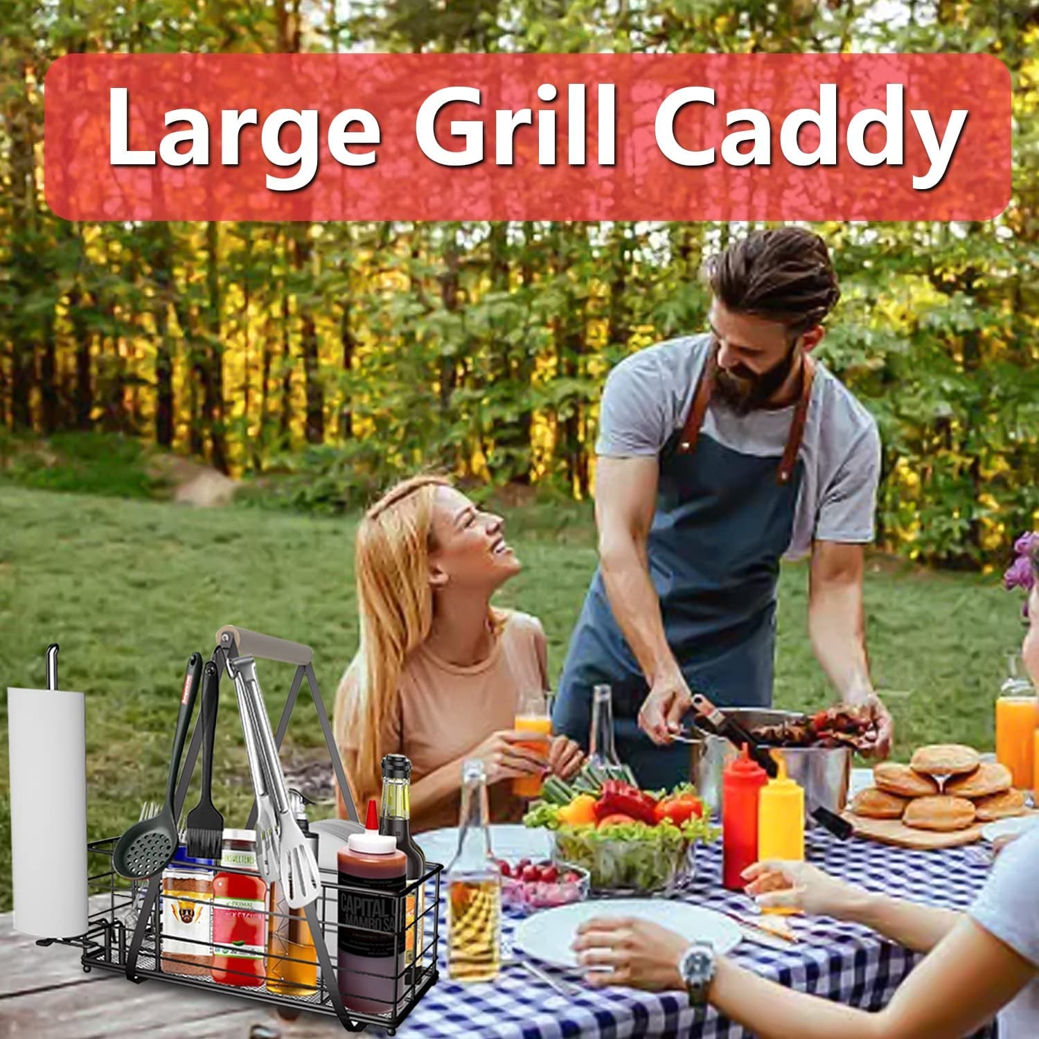 Picnic Caddy and Grill Utensil Caddy,Condiment Caddy, Grill-Caddy,Adjustable Compartment Storage,With 3 Hooks,Sturdy Thick,Easy Carry,Quick Assemble Grill Accessories Storage-Black