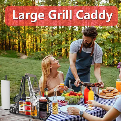 Picnic Caddy and Grill Utensil Caddy,Condiment Caddy, Grill-Caddy,Adjustable Compartment Storage,With 3 Hooks,Sturdy Thick,Easy Carry,Quick Assemble Grill Accessories Storage-Black