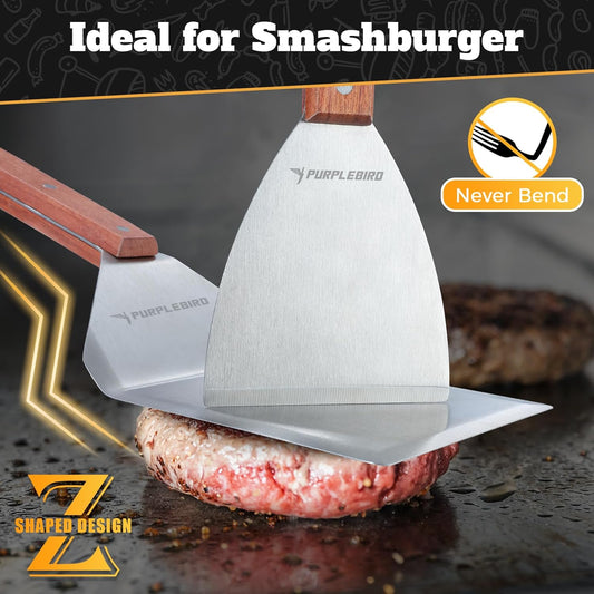 PURPLEBIRD Extra Large Grill Spatula Set Stainless Steel Smash Burger Spatula Kit, 5.5 X 5 Inch BBQ Griddle Spatula and Grill Scraper, Griddle Tools, Grill Utensils for Camping