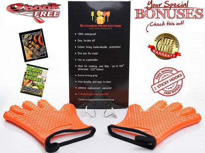 Silicone Smoker Oven Gloves -Extreme Heat Resistant BBQ Gloves -Handle Hot Food Right on Your Grill Fryer Pit|Waterproof Oven Mitts |Superior Value Set+3 Bonuses