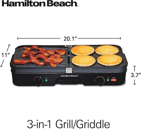 Image of 3-In-1 Electric Indoor Grill + Griddle, 8-Serving, Reversible Nonstick Plates, 2 Cooking Zones with Adjustable Temperature (38546), Black