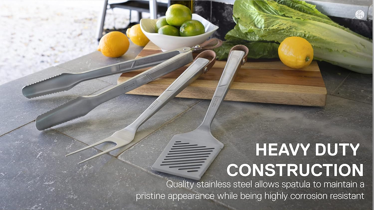 Everdure BBQ Tool Kit - 3 Pack, Brushed Stainless Steel Tongs, Spatula and Fork with Soft Grip Handles and Leather Straps, Barbeque Grill Accessories and Cooking Utensils Set