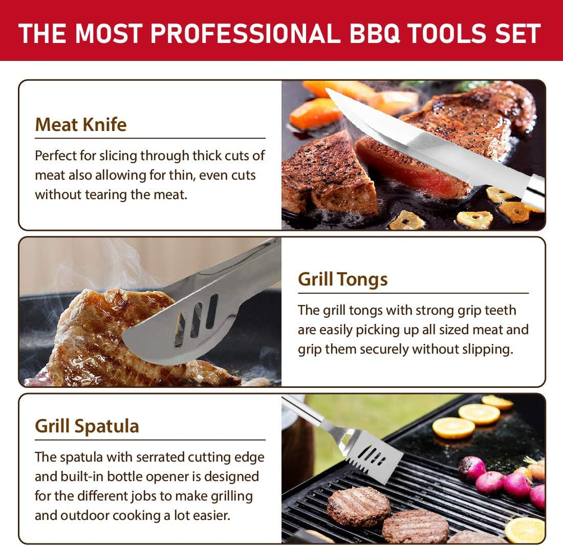 34PCS BBQ Grill Tools Set Stainless Steel Grilling Accessories with Spatula, Tongs, Skewers for Barbecue, Camping, Kitchen, Complete Premium Grill Utensils Set in Storage Bag, Silver, (BTS-34)