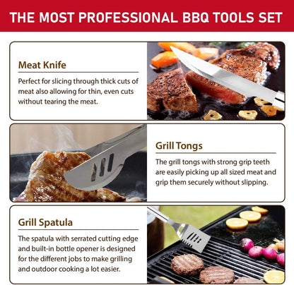 34PCS BBQ Grill Tools Set Stainless Steel Grilling Accessories with Spatula, Tongs, Skewers for Barbecue, Camping, Kitchen, Complete Premium Grill Utensils Set in Storage Bag, Silver, (BTS-34)