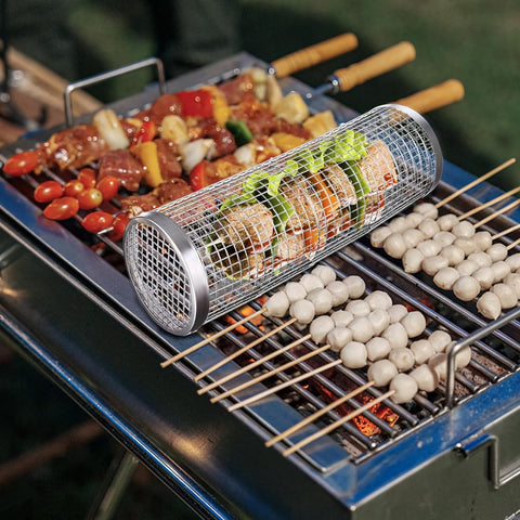 Image of 2 Pack Rolling Grill Basket BBQ Net Tube Stainless Steel BBQ Wire Mesh Cylinder Grilling Basket Portable Outdoor Camping Barbecue Rack for Fish, Shrimp, Meat, Vegetables, Fries, 11.8X3.5 Inch