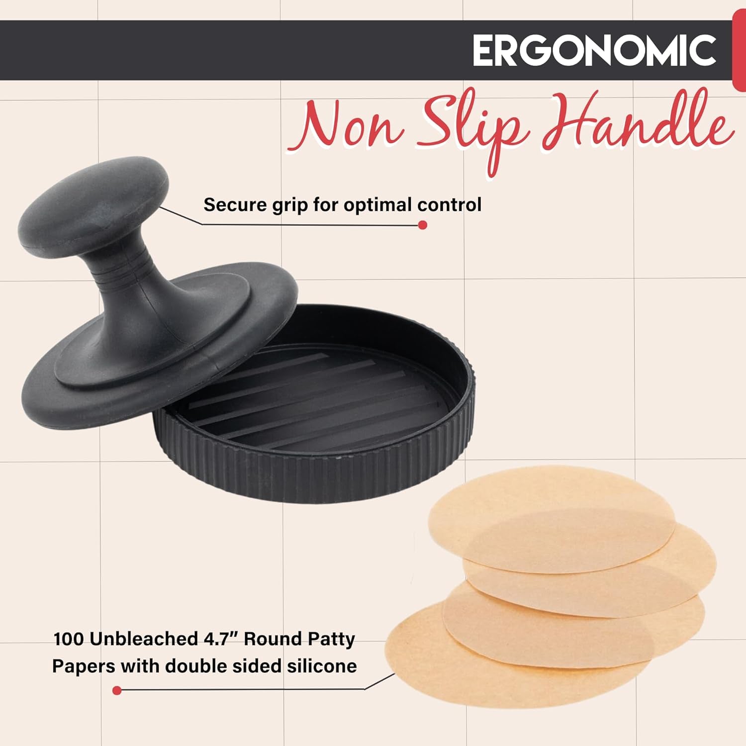 Burger Patty Maker W/100 Unbleached Patty Papers - Hamburger Press Patty Maker for 4.5-6" Hamburger Patties - Non Stick Silicone Burger Press Patty Maker - Dishwasher Safe Hamburger Patty Maker