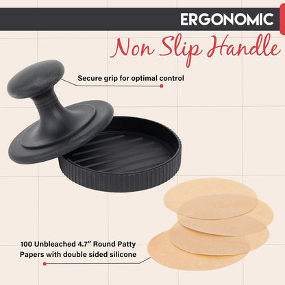 Burger Patty Maker W/100 Unbleached Patty Papers - Hamburger Press Patty Maker for 4.5-6" Hamburger Patties - Non Stick Silicone Burger Press Patty Maker - Dishwasher Safe Hamburger Patty Maker