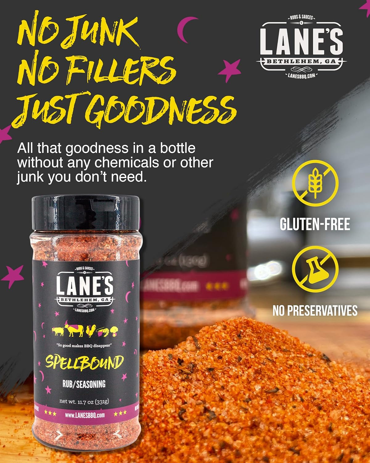 Lane'S Spellbound Pork Rub Seasoning - Premium Sweet and Smoky Pork Butt Rub, Rib Rub & Chicken Rub | Deep, Rich, Smoky Flavor | All Natural | Gluten Free | No MSG | NO Preservatives - 11.7Oz