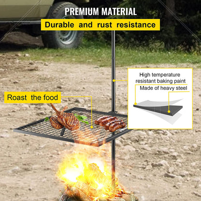 Swivel Grill, Heavy Duty Steel Campfire Grill,Single Layer Open Fire Grill, 24" X 24" Campfire Swivel Grill with Heat Dissipation Handle, Campfire Grill Stake for Outdoor Open Flame Cooking
