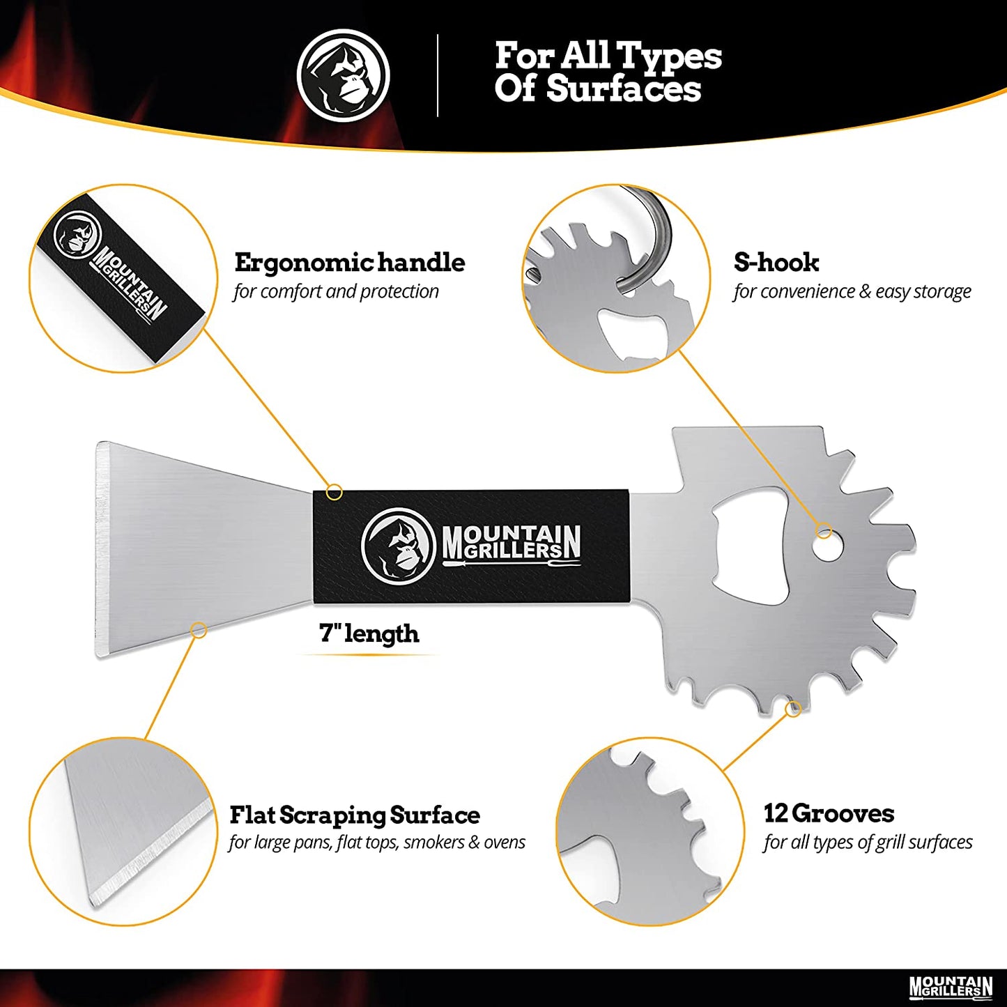 Mountain Grillers BBQ Grill Grate Scraper Wide Portable Grill Scrubber Fits Almost Any Grill, Griddle, Smoke Oven Grate Compact Non Slip Stainless Steel Grill Cleaner Tool with Built-In Bottle Opener