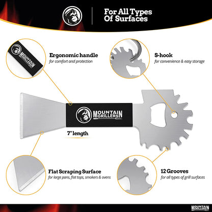 Mountain Grillers BBQ Grill Grate Scraper Wide Portable Grill Scrubber Fits Almost Any Grill, Griddle, Smoke Oven Grate Compact Non Slip Stainless Steel Grill Cleaner Tool with Built-In Bottle Opener