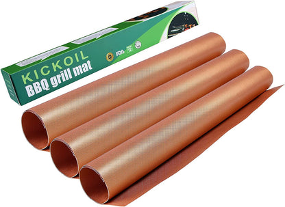 Grill Mats for Outdoor Grill BBQ Grill Mat Set of 3 Nonstick Copper Grill Mat Heavy Duty Reusable Barbecue Grill Sheets BBQ Accessories Grill Tools Works on Electric Grill Gas Charcoal RV Camping